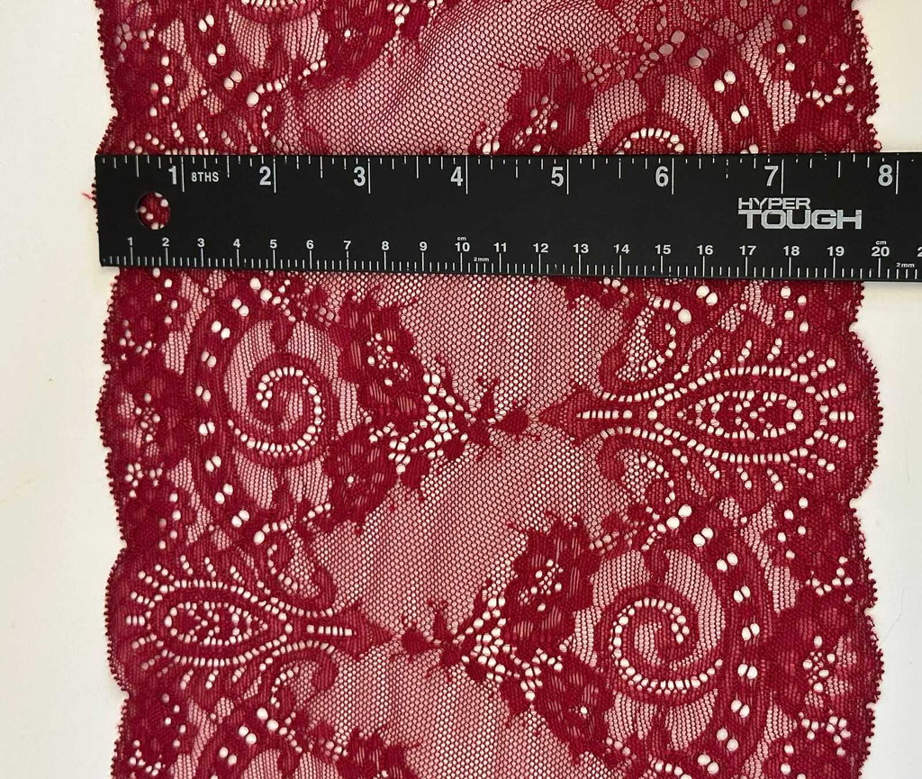 7.5" Burgundy Stretch Lace Trim Wide Wine Red Floral Elastic Galloon Scalloped Edge Lace for Lingerie Underwear Garment Sewing Crafts