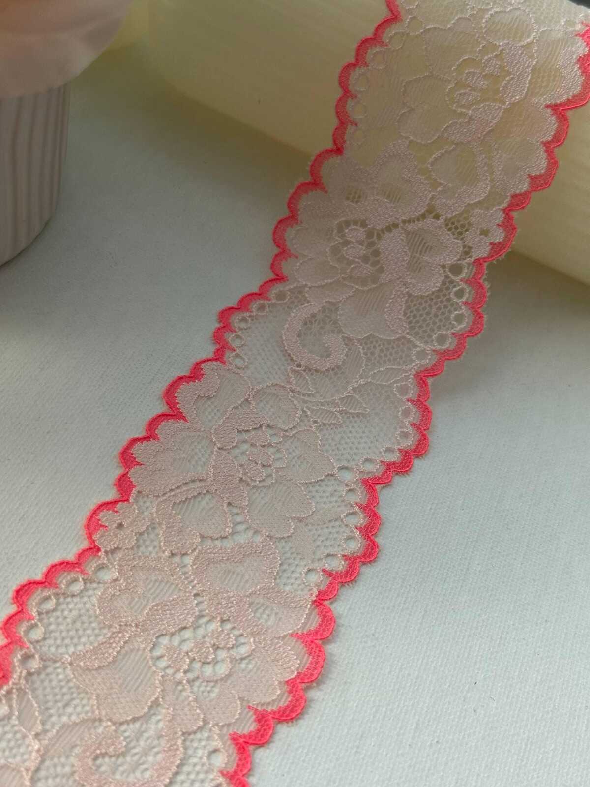 6Yds Rare 2.2" Unique Off-White Neon Pink Edge Floral Stretch Lace Wholesale