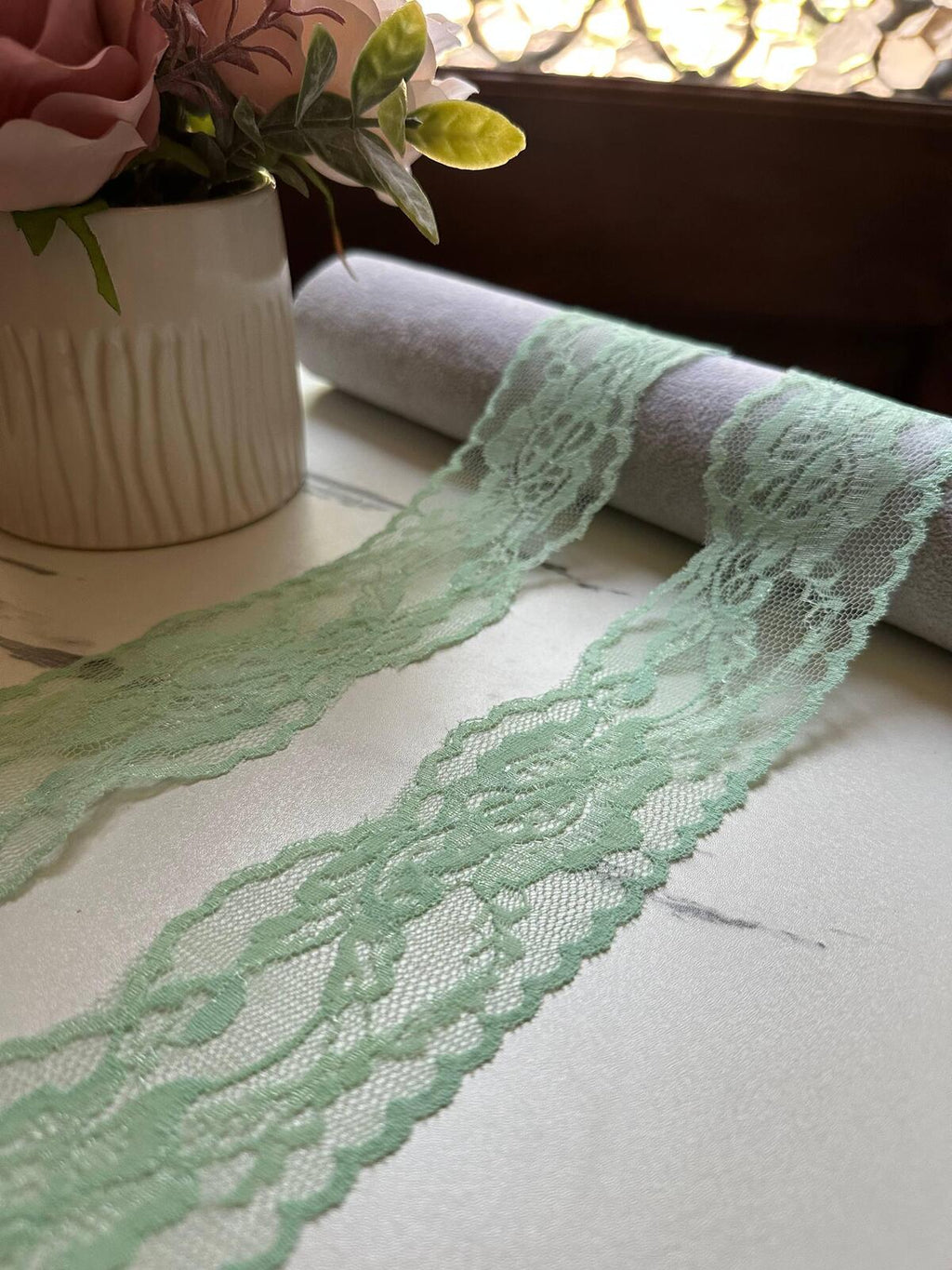 10yds Mint Sage Green Floral Non Stretch Rigid Lace Trim by the Yard, Wide Scalloped Galloon Ribbon for Bridal Crafts, 2"