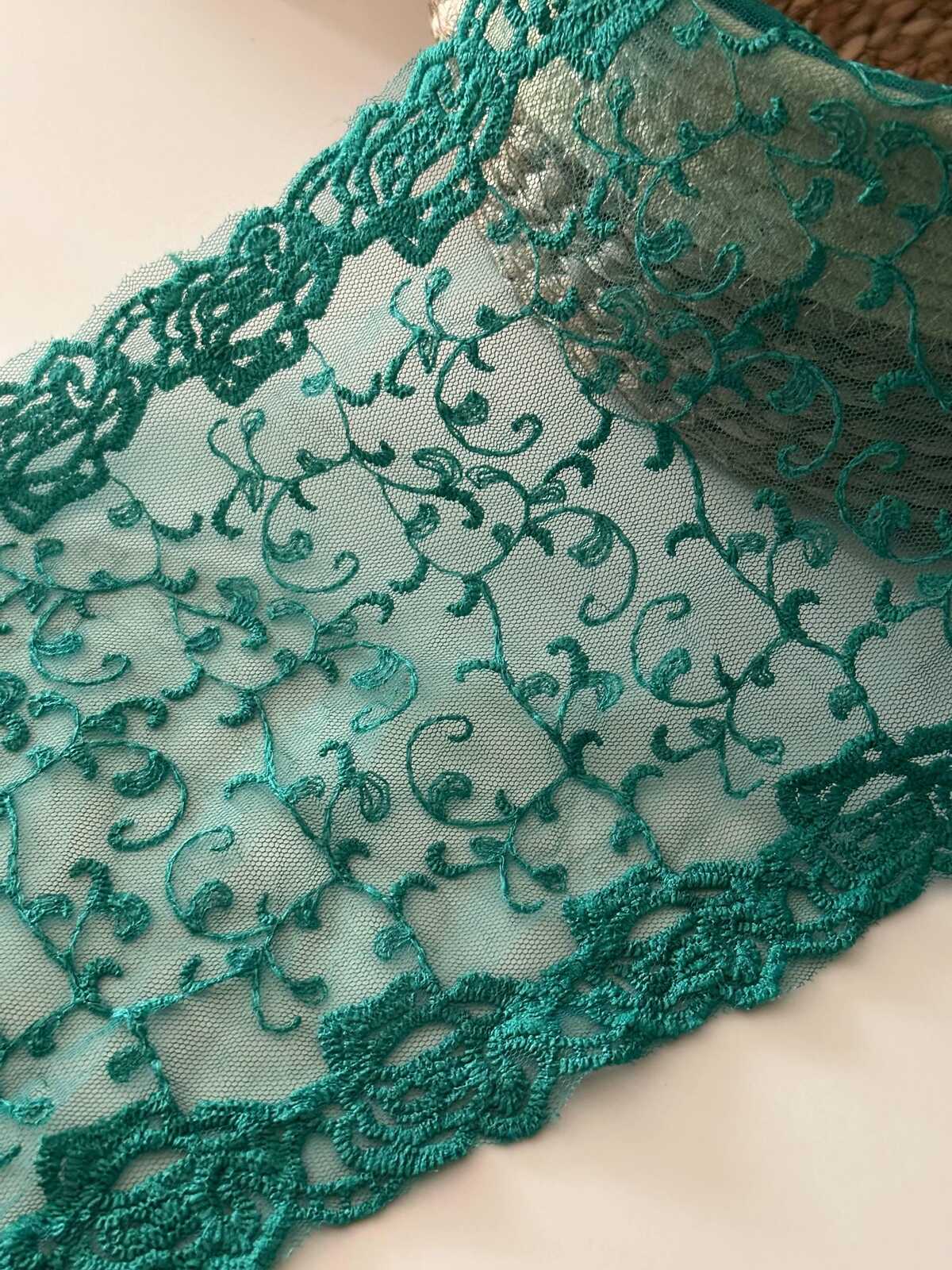 3Yds Teal Green Embroidered Lace, 7.2" Wide Cotton Trim, Bulk Clearance Coquette Y2K Lace, Garment Trim, DIY Sewing, Retail Wholesale