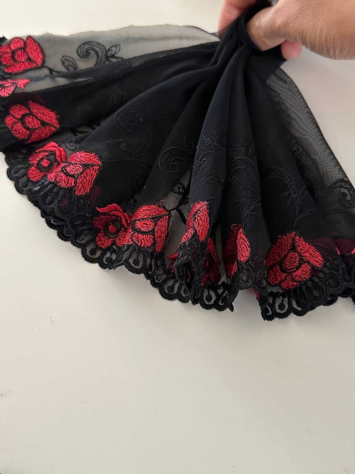 7.5"  Red Black Embroidered Soft Mesh Lace, Wide Ribbon, Bulk Clearance Coquette Y2K Lace, Lingerie, DIY Sewing, Retail Wholesale