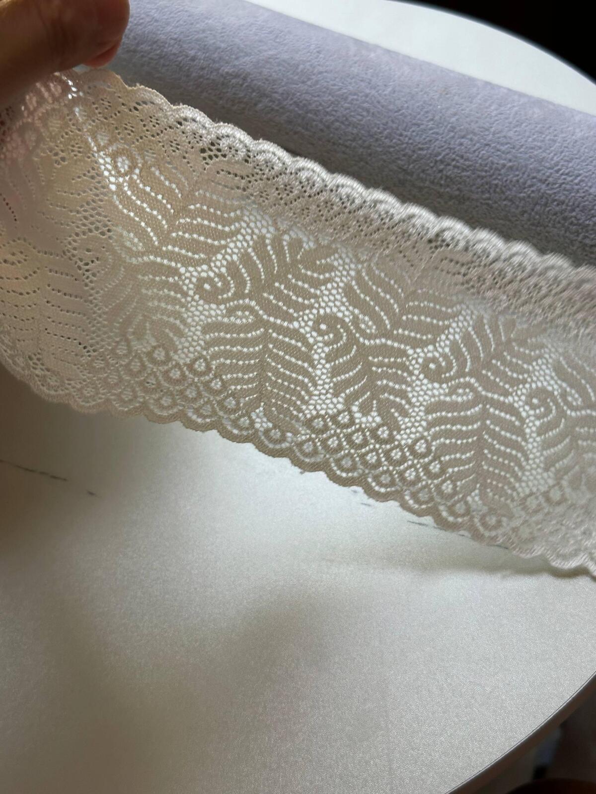 Soft Ivory Cream Tropical Leaf Fern Wide Stretch Lace Trim by the Yard, Scalloped Elastic Ribbon, 3.5", Retail Wholesale Bulk