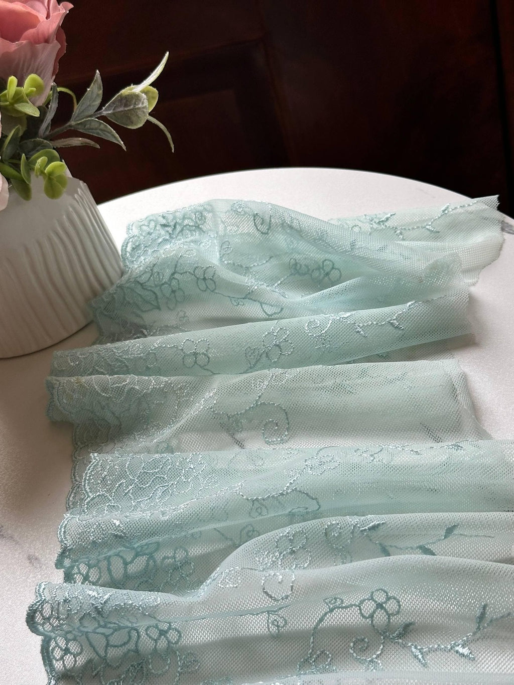 Mint Green Embroidered Tulle Lace Trim, Ultra Soft Sheer Mesh Ribbon, Coquette Craft Supply, 7", Retail Wholesale Bulk