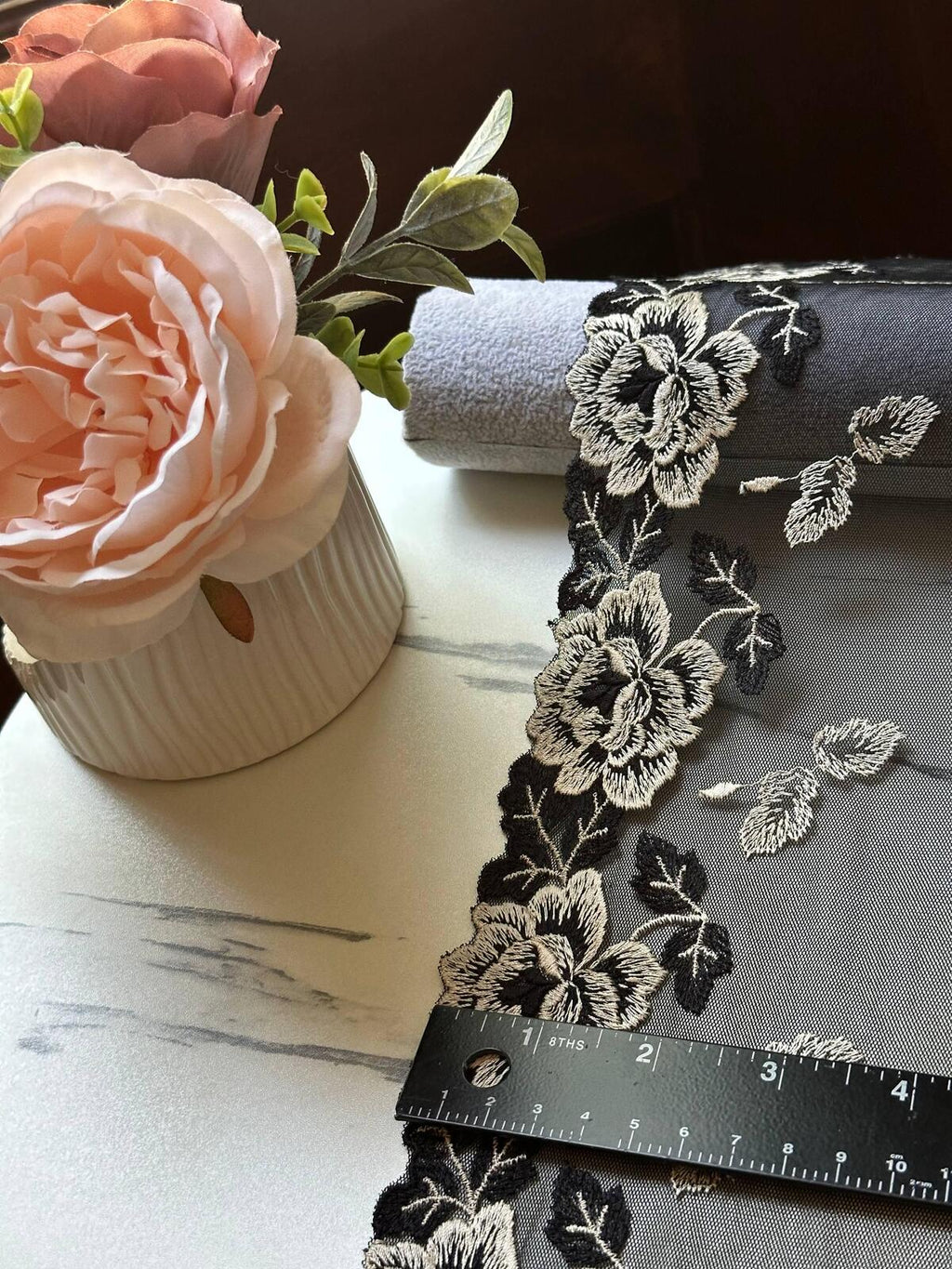 Black Ivory Embroidered Mesh Lace Trim, Extra Wide Tulle Border Ribbon, Coquette Craft Supply, 9", Retail Wholesale Bulk