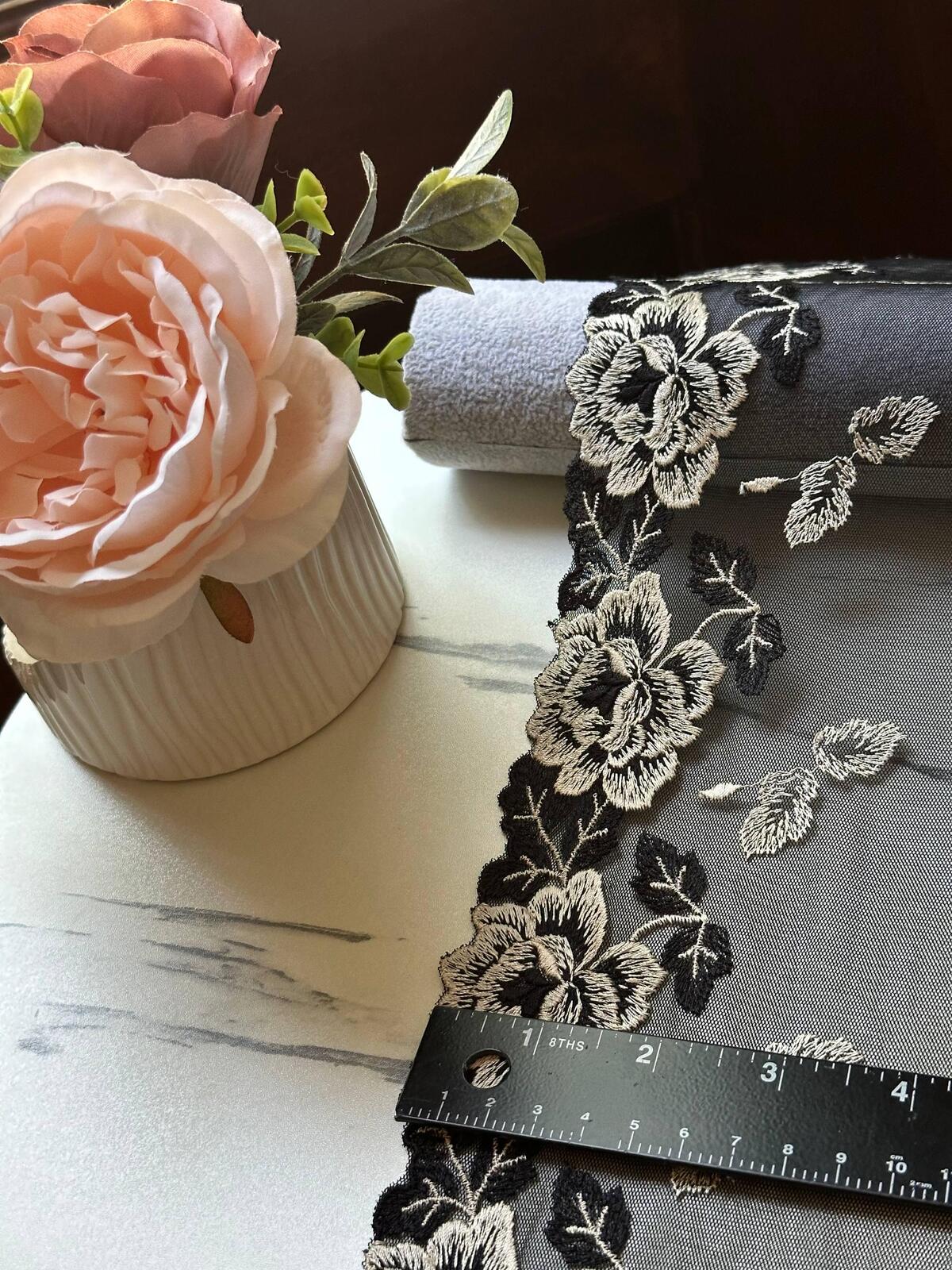 Black Ivory Embroidered Mesh Lace Trim, Extra Wide Tulle Border Ribbon, Coquette Craft Supply, 9", Retail Wholesale Bulk