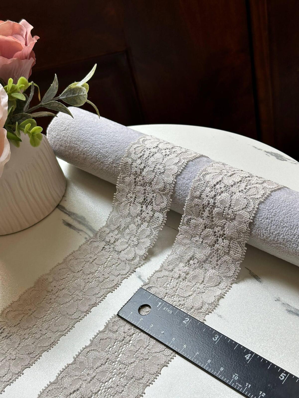 Taupe Grey Floral Stretch Lace Trim by Yard, Elastic Ribbon, Soft Skin Friendly Coquette Craft Supply, 2.15", Retail Wholesale Bulk