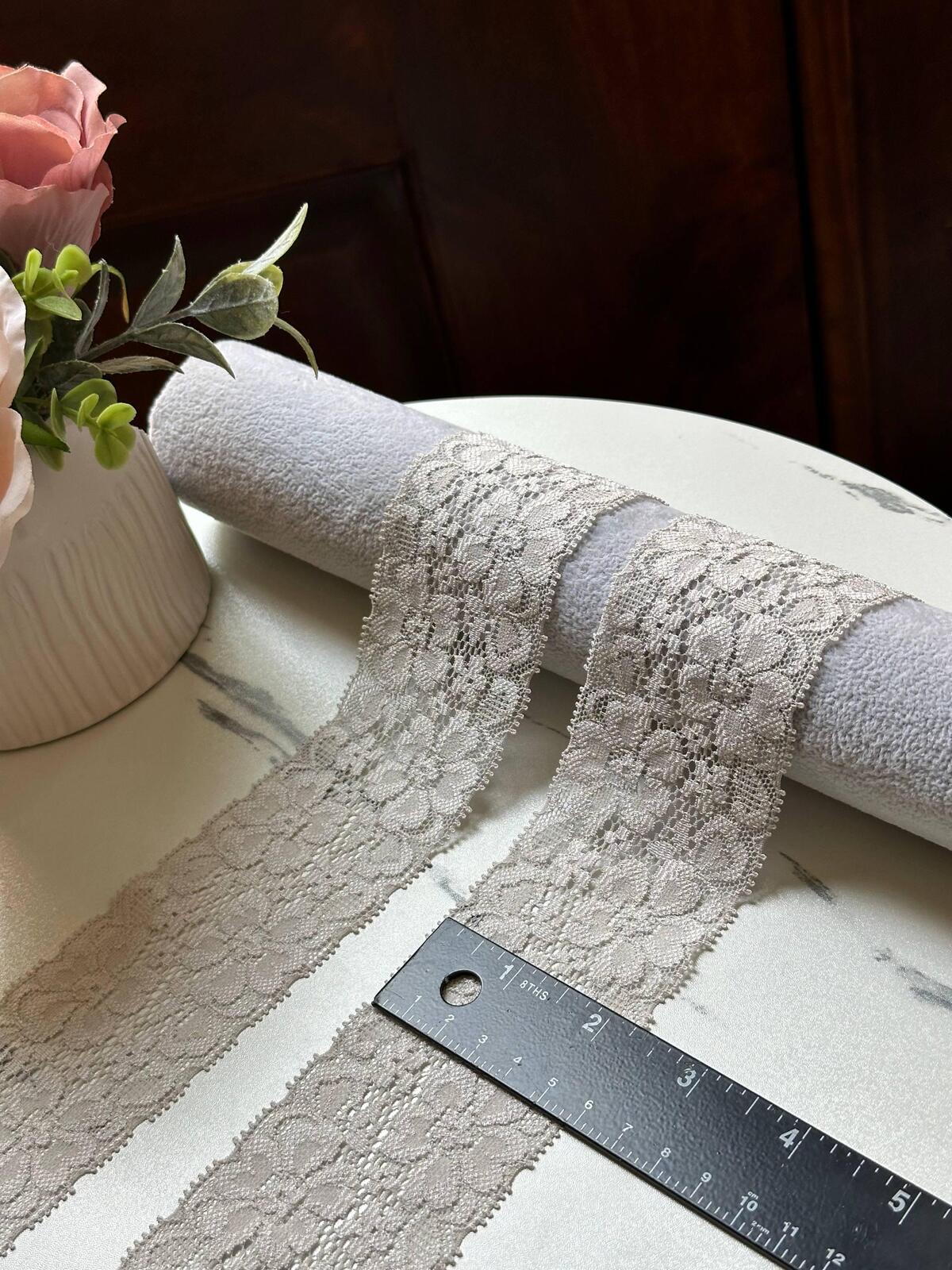 Taupe Grey Floral Stretch Lace Trim by Yard, Elastic Ribbon, Soft Skin Friendly Coquette Craft Supply, 2.15", Retail Wholesale Bulk