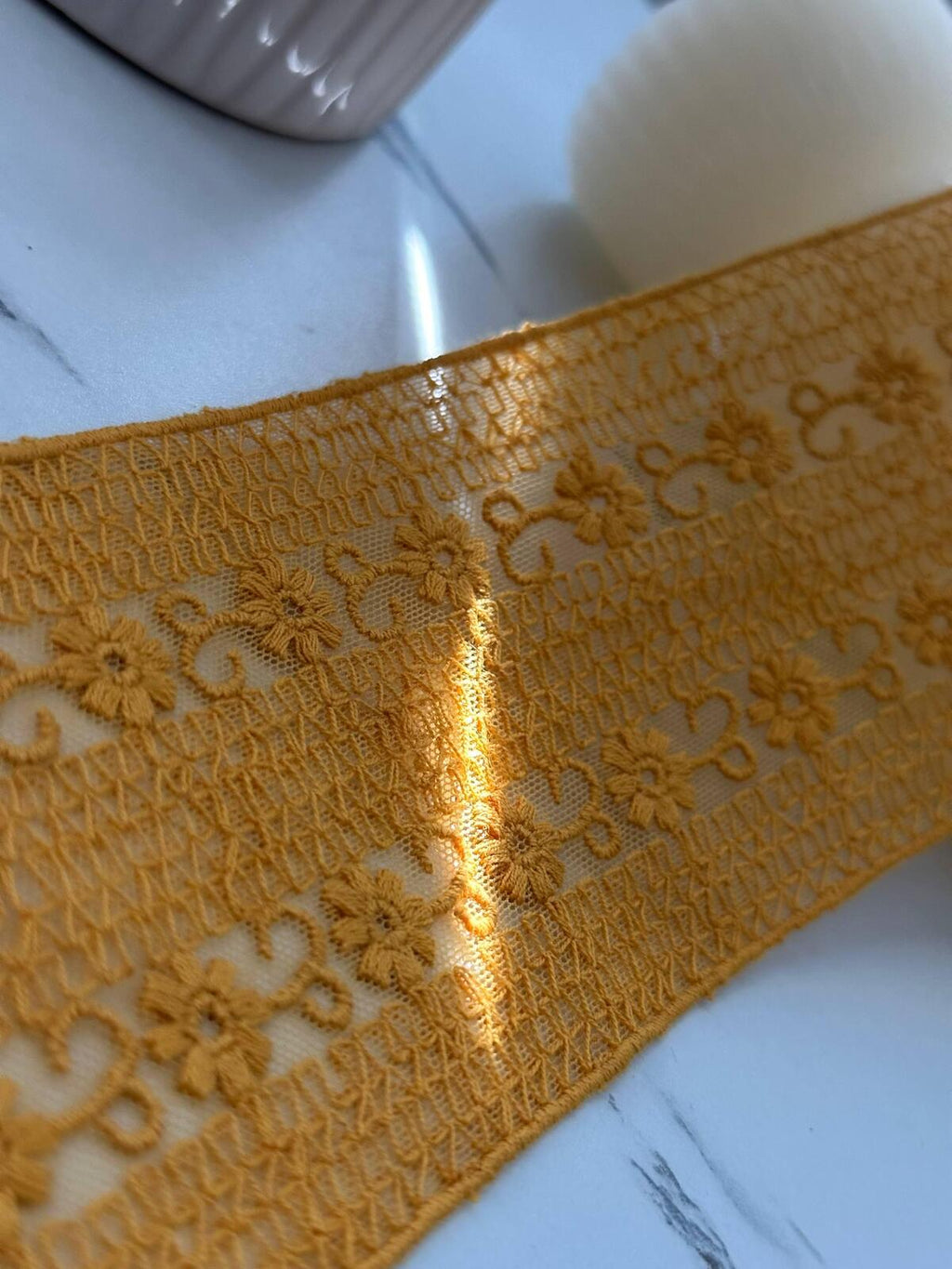 1Yd Non-Stretch 2.9" Mustard Yellow Floral Embroidered Cotton Lace Trim