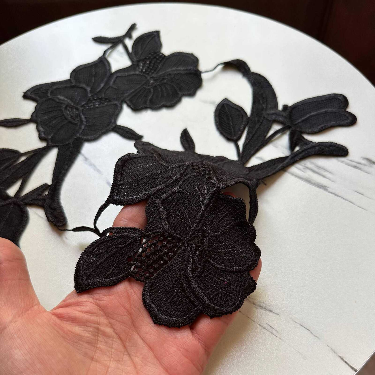 Onyx Black Floral Guipure Lace Applique Motif, Symmetrical Embroidered Flower Patches Pair for Shoulder Mirror Dress Sewing, 10"x4"