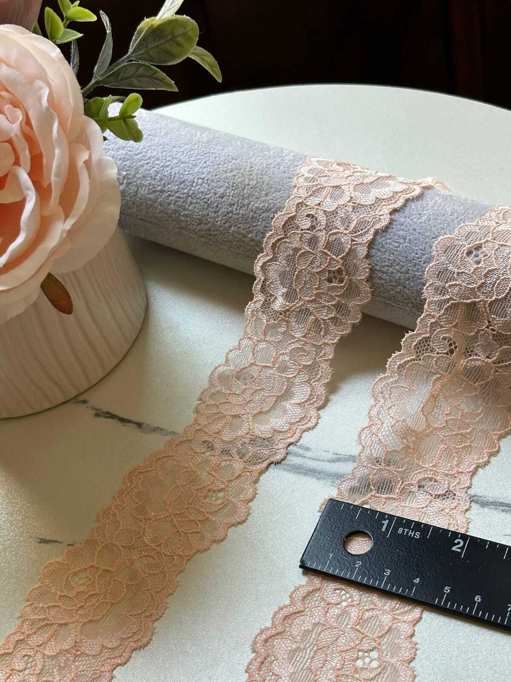 10yds Soft Sheer Peach Pink Floral Stretch Lace Trim by the Yard, Lightweight Scalloped Elastic Ribbon for Crafts, 1.85", Retail Wholesale