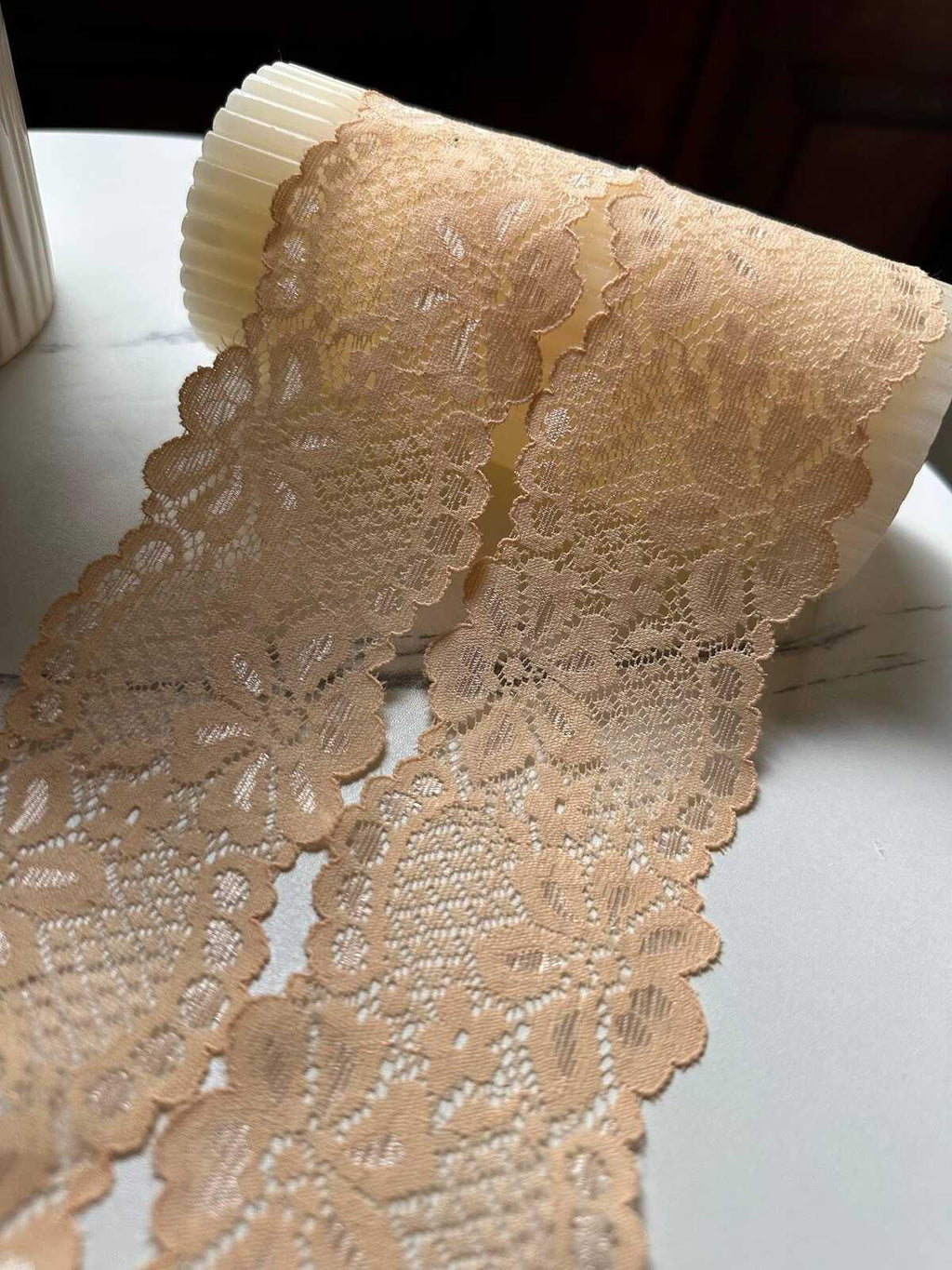 10yds Muted Apricot Peach Floral Slight Stretch Lace Trim Symmetrical Double Scalloped Thin Galloon Ribbon for Lingerie Underwear Crafts, 2"