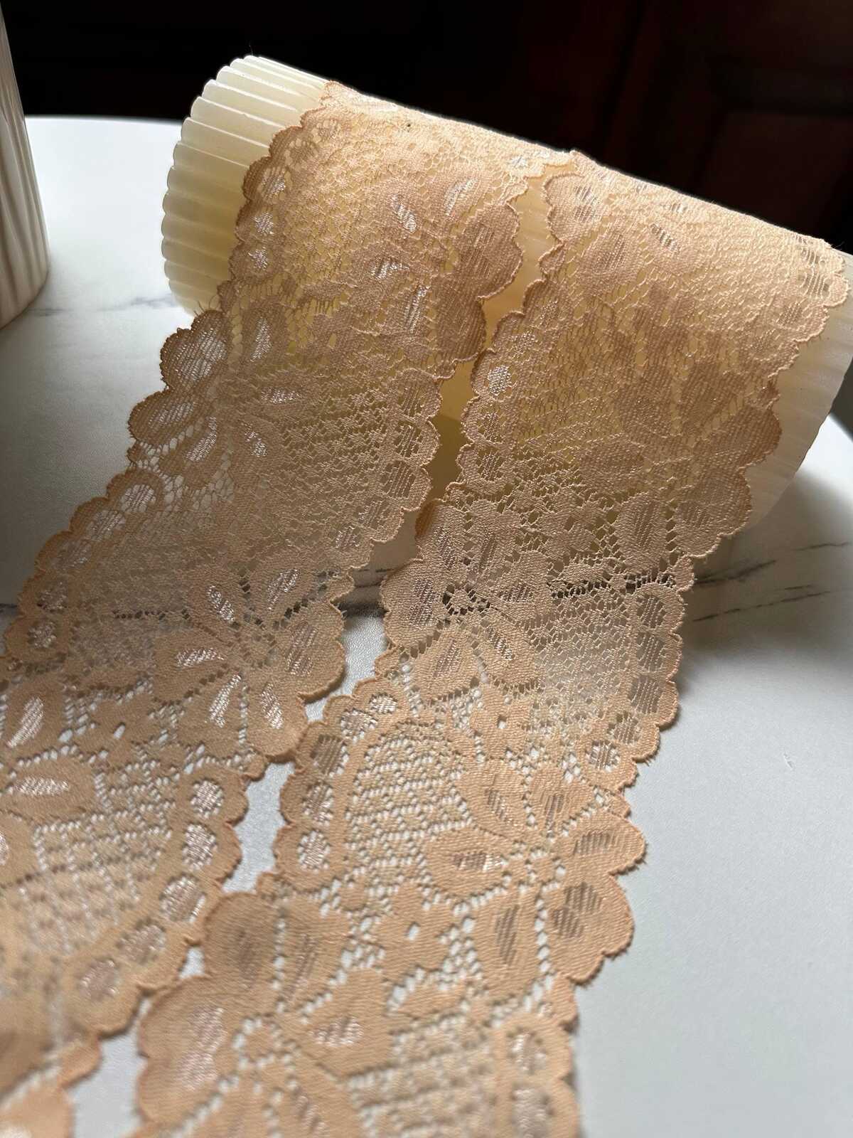 10yds Muted Apricot Peach Floral Slight Stretch Lace Trim Symmetrical Double Scalloped Thin Galloon Ribbon for Lingerie Underwear Crafts, 2"