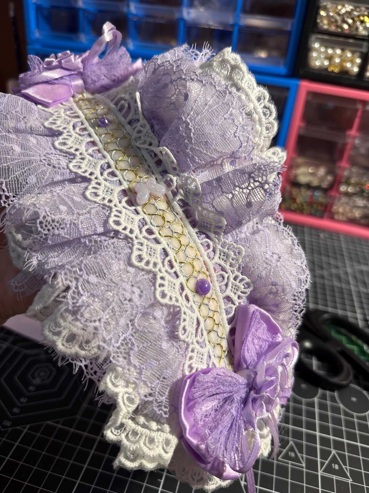 CHRISOM Handmade purple Lolita bow Handmade by My Daughter with Pearls & Sage Ribbon, Special Gift