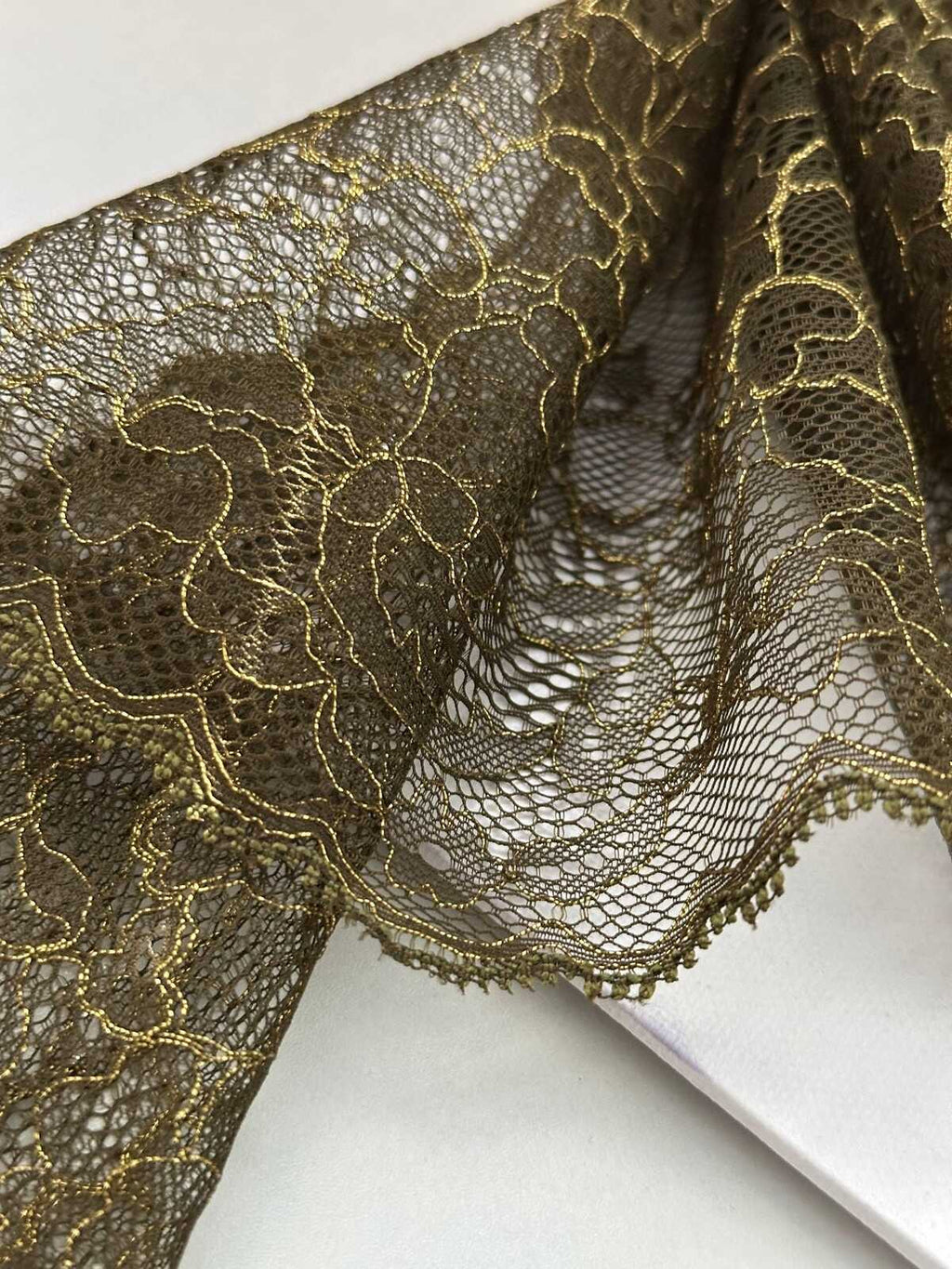 5Yds Non-Stretch 5.9" Olive Green Gold Metallic Floral Mesh Lace Wholesale