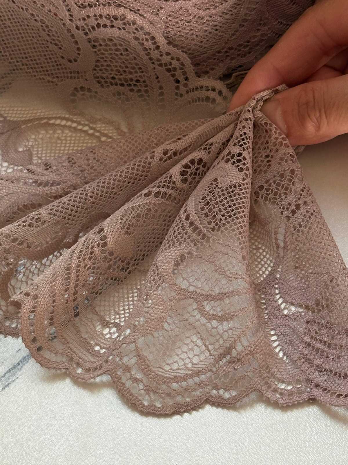 Dusty Rose Mauve Floral Wide Stretch Lace Trim by the Yard, Soft Scalloped Elastic Ribbon for Lingerie Apparel, 4.5"