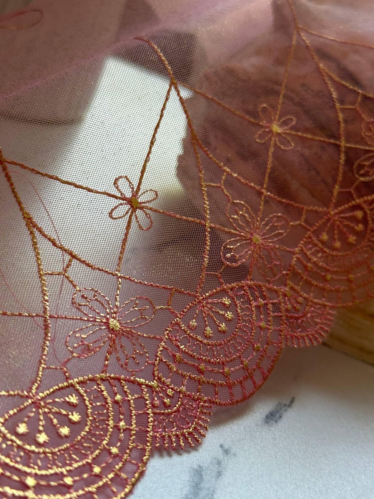 Iridescent Mermaid Pink Gold Embroidered Mesh Lace Trim by Yard, Shimmering Scalloped Tulle Ribbon, 6", Retail Wholesale Bulk