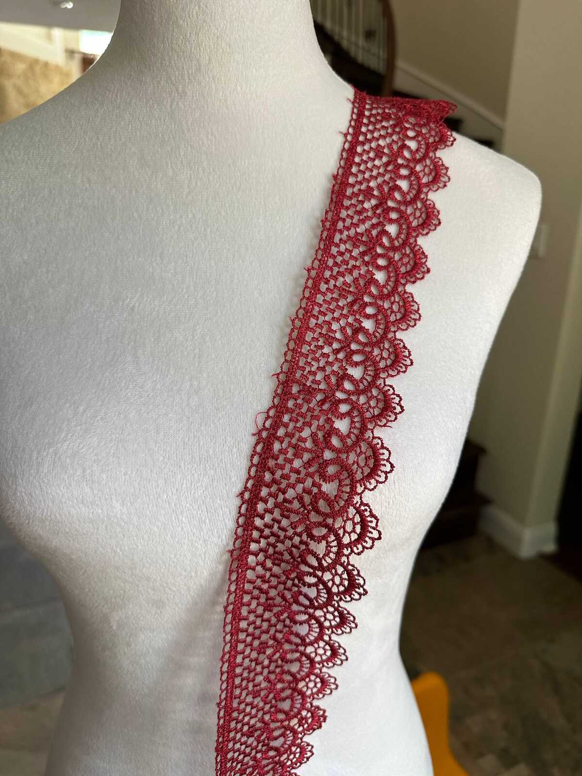 Burgundy Wine Red Venetian Guipure Chemical Water Soluble Lace Trim Symmetrical Double Scalloped Non Stretch Ribbon for Gowns Crafts, 2.5"