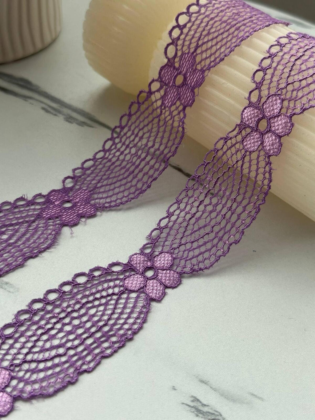 10Yds Stretch 1.4" Purple Flower Mesh Eyelet Scalloped Stretch Lace Trim