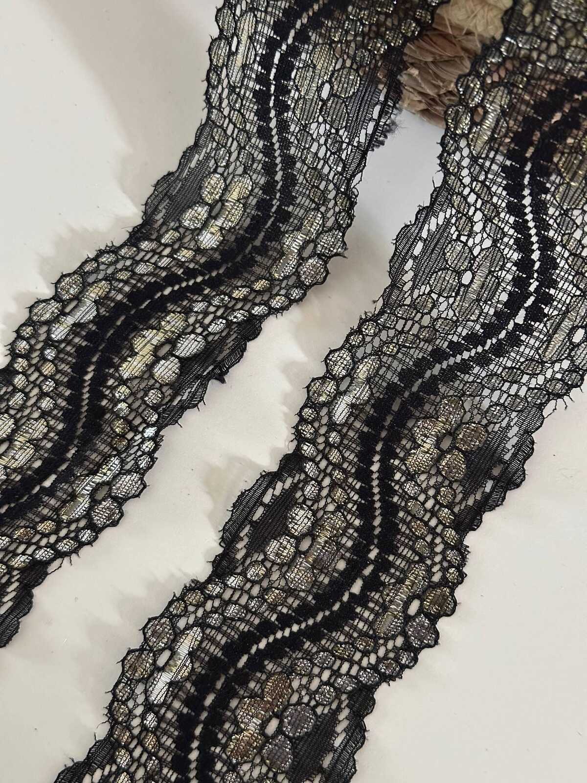 10yds Black Gold Metallic Lace Trim, 2" Rigid Ribbon, Bulk Clearance Coquette Y2K Lace, Garment Trim, DIY Sewing, Retail Wholesale