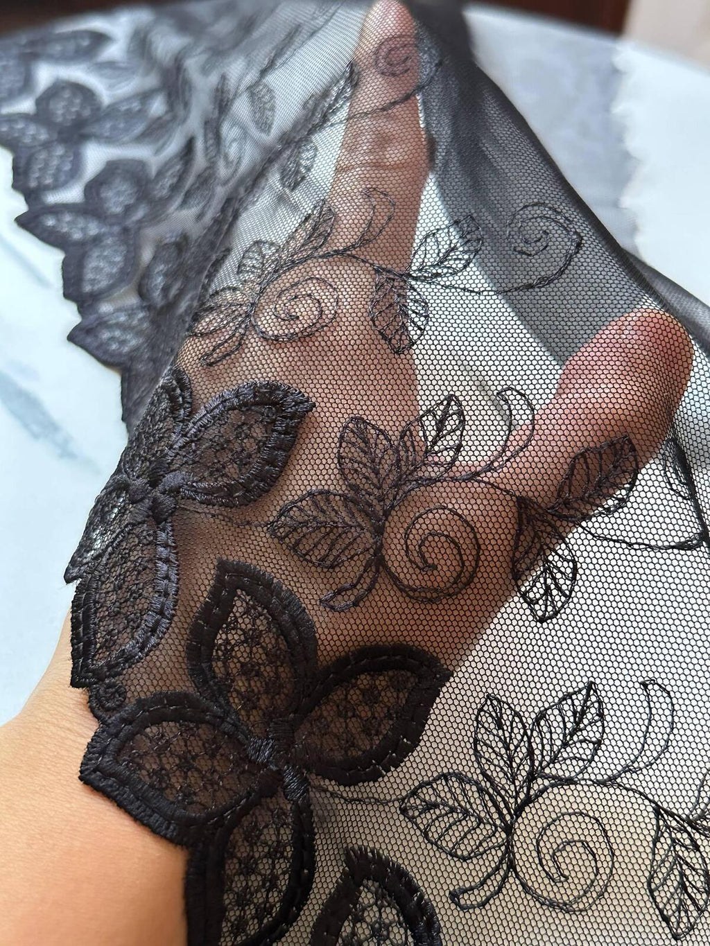 9.25" Black Butterfly Lace Trim Wide Embroidered Soft Tulle Mesh Single Scalloped Edge Gothic Floral Ribbon for Lingerie Garment Sewing