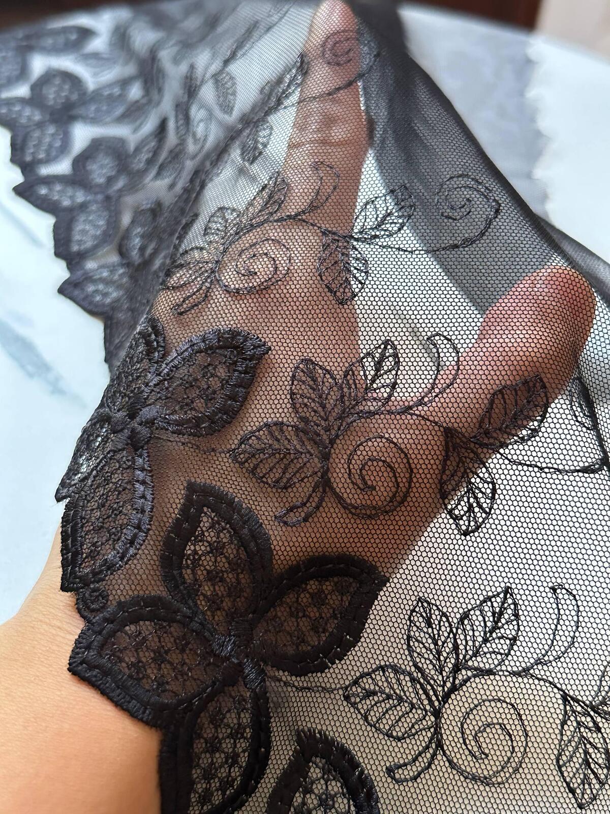 9.25" Black Butterfly Lace Trim Wide Embroidered Soft Tulle Mesh Single Scalloped Edge Gothic Floral Ribbon for Lingerie Garment Sewing