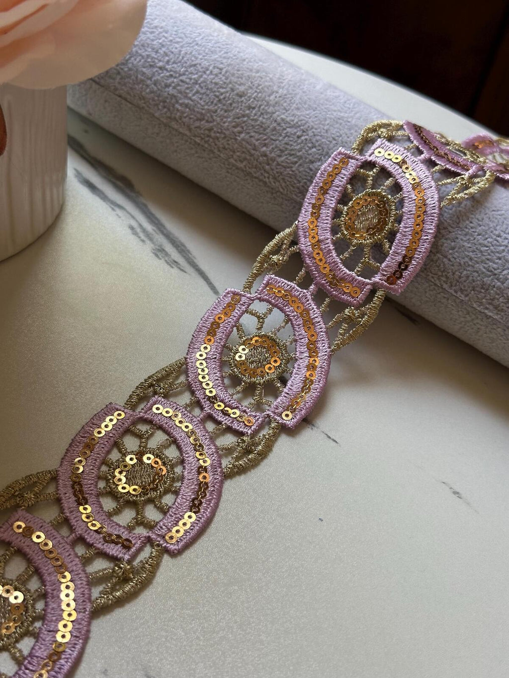 Lavender Gold Sequin Guipure Water Soluble Lace Trim Metallic Ribbon, Coquette Craft Supply, 1.5", Retail Wholesale Bulk