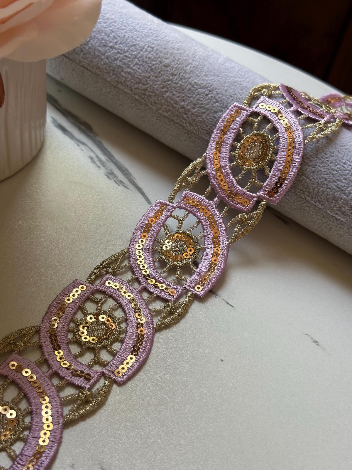 Lavender Gold Sequin Guipure Water Soluble Lace Trim Metallic Ribbon, Coquette Craft Supply, 1.5", Retail Wholesale Bulk