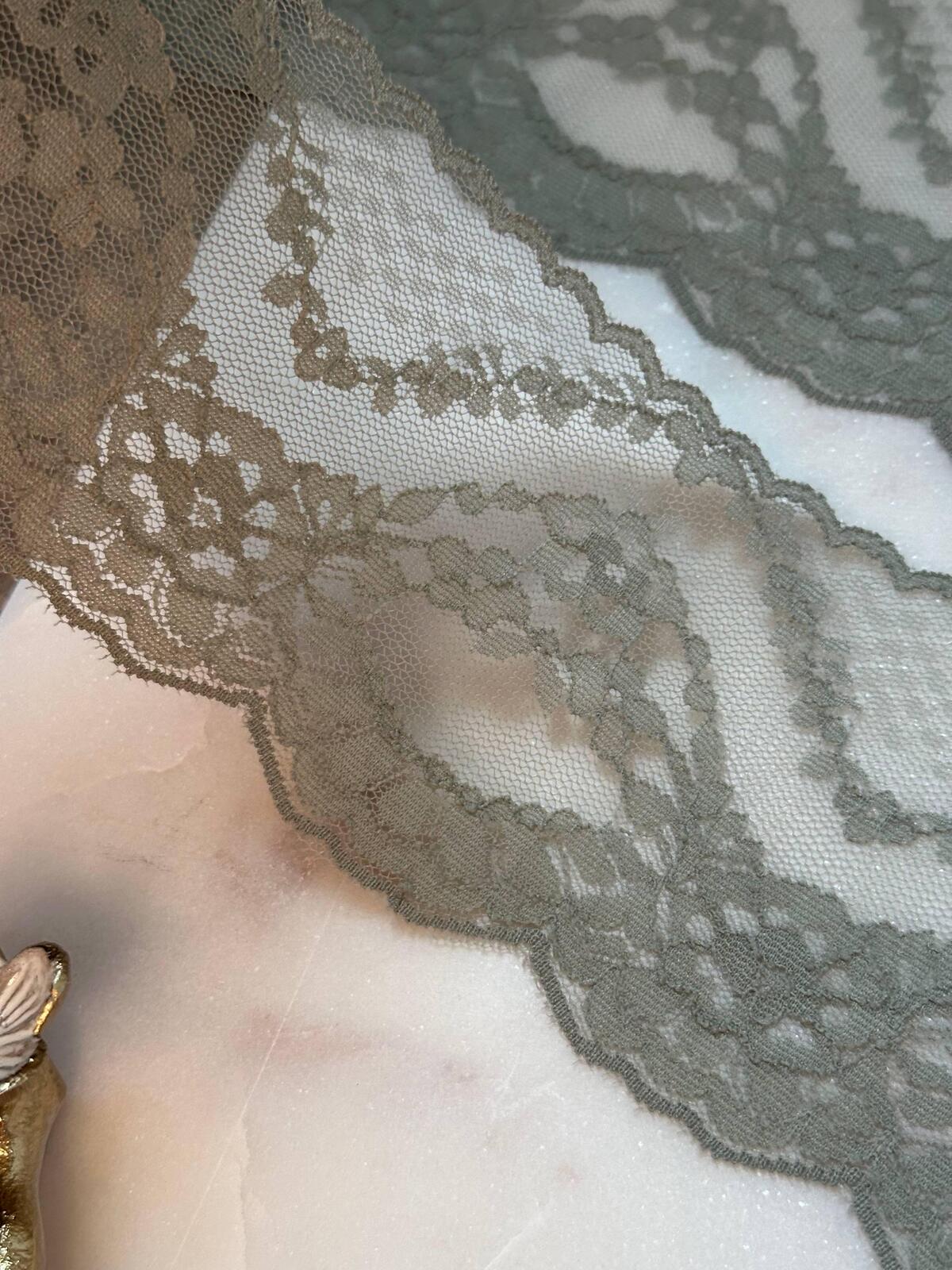 Sage Green Floral Stretch Lace Trim by Yard, Muted Moss Elastic Ribbon for Lingerie Crafts, 3", Retail Wholesale Bulk