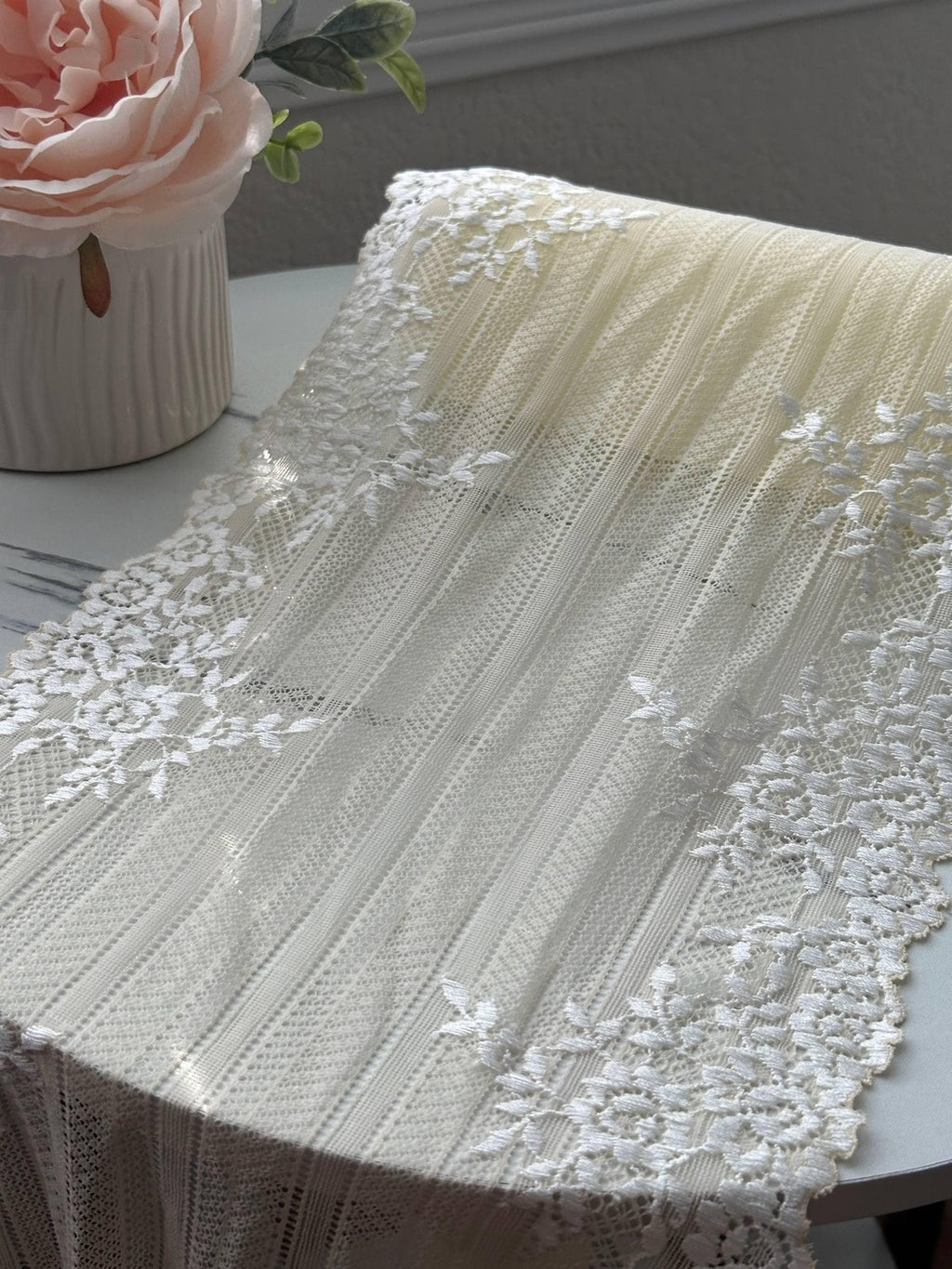3Yds Stretch 8.7" Two Tone Peach Cream Embossed Wide Stretch Lace Wholesale