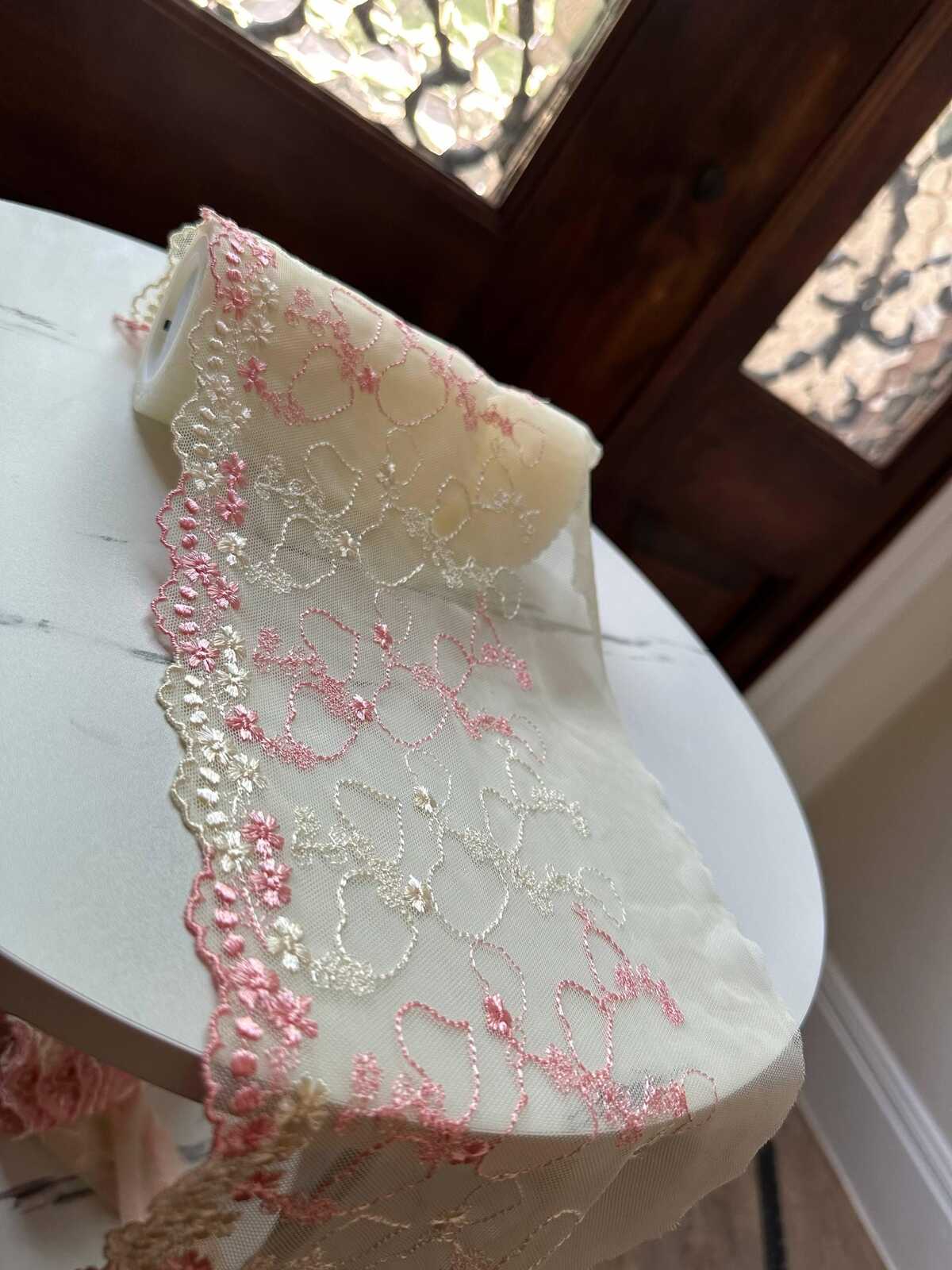 Two Tone Cream & Pink Hearts Embroidered Mesh Tulle Lace Trim Single Scalloped Edge Non Stretch Ribbon for Gowns Lingerie Crafts Sewing,6.5"