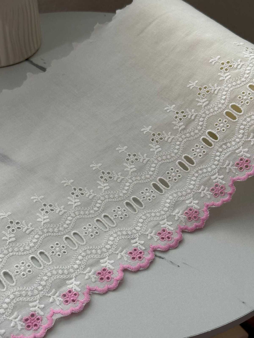 1Yd Non-Stretch 8.3" Off-White Pink Cotton Eyelet Embroidered Lace Trim