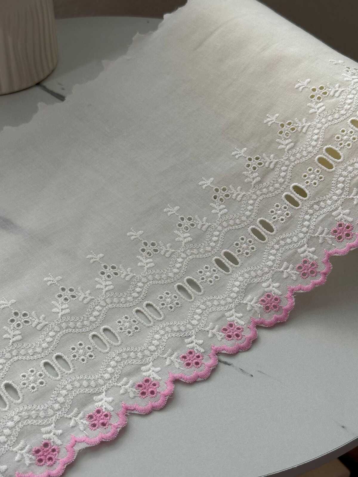 1Yd Non-Stretch 8.3" Off-White Pink Cotton Eyelet Embroidered Lace Trim