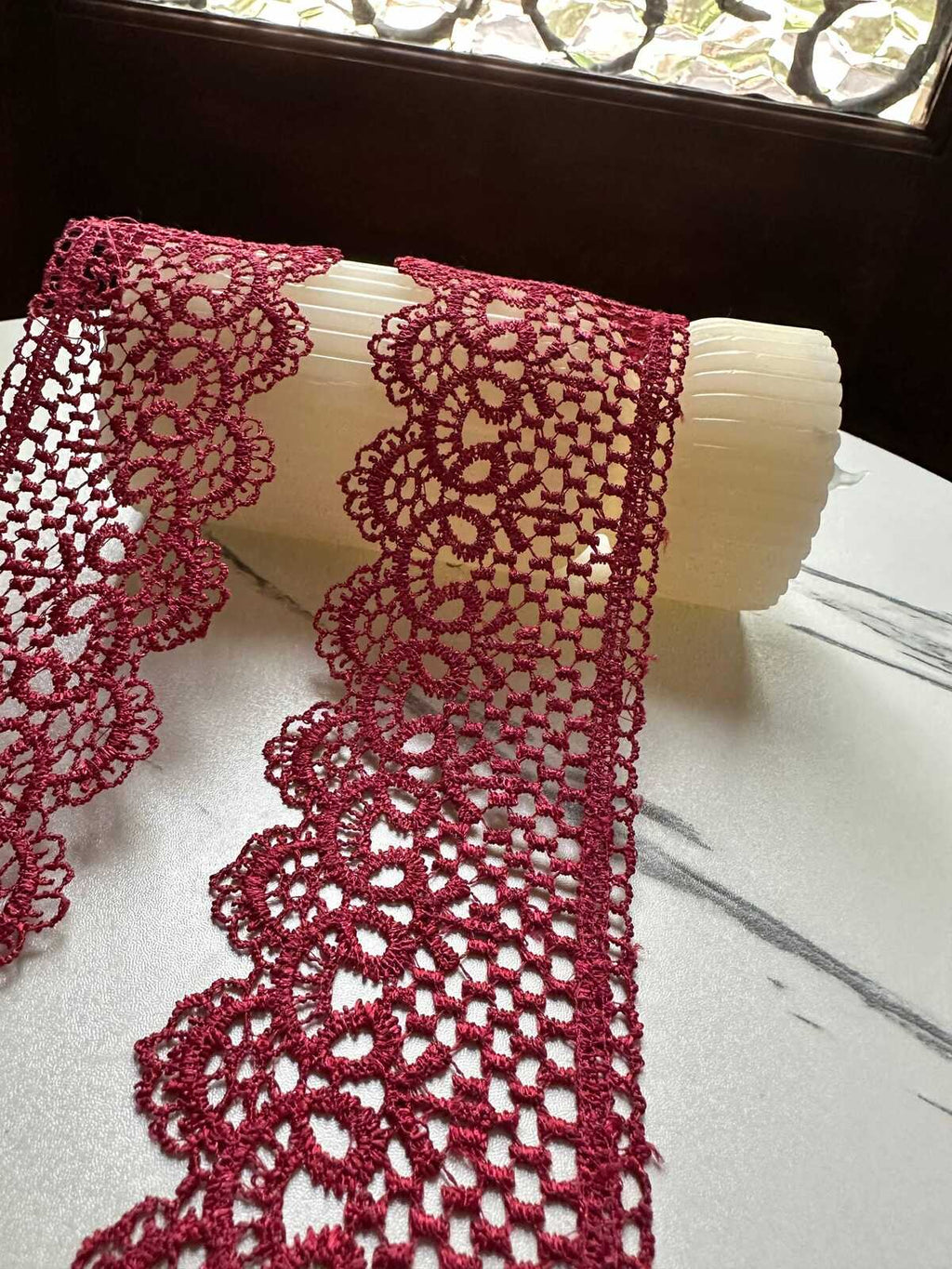 Burgundy Wine Red Venetian Guipure Chemical Water Soluble Lace Trim Symmetrical Double Scalloped Non Stretch Ribbon for Gowns Crafts, 2.5"
