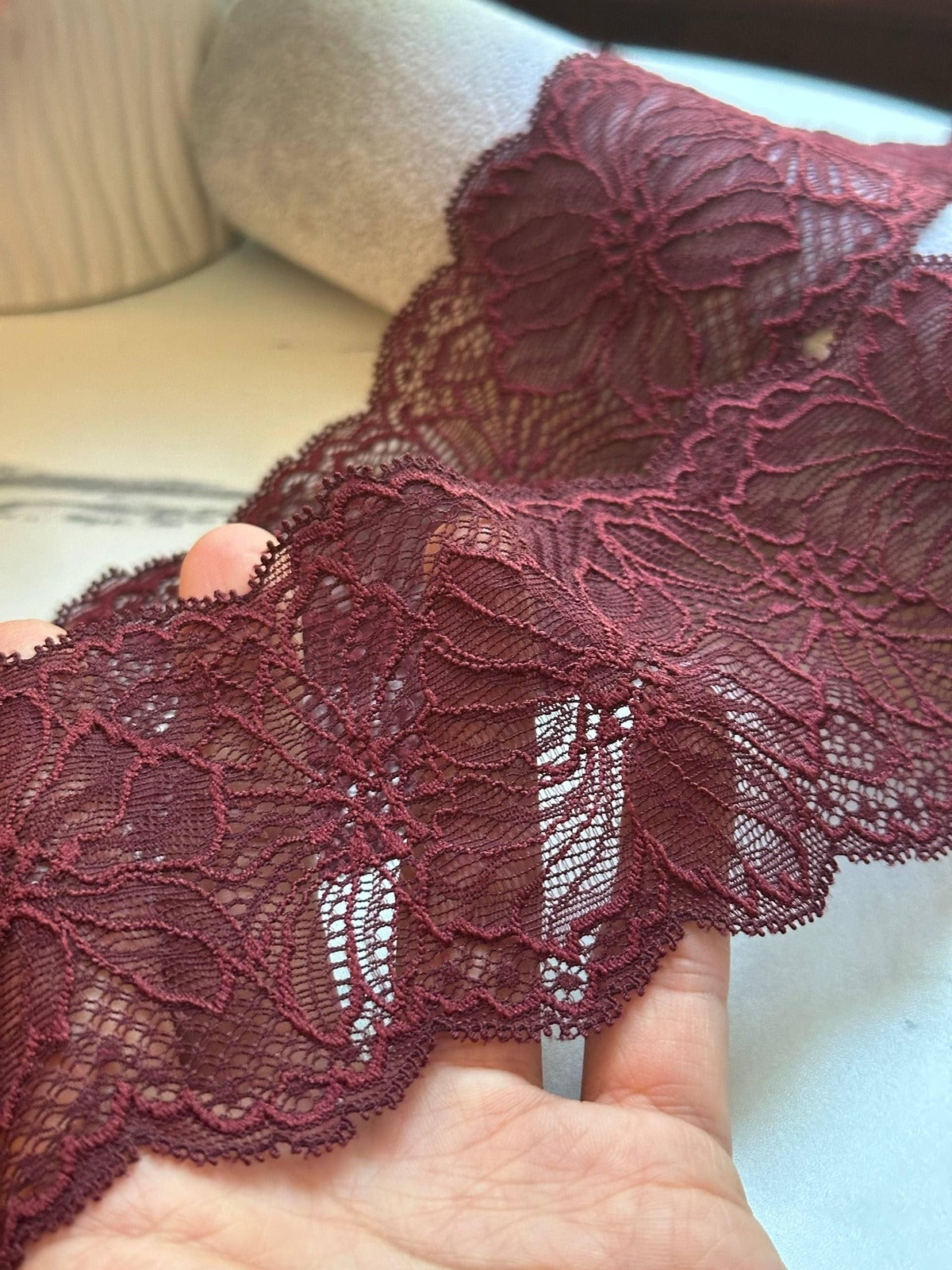 Burgundy Wine Red Floral Stretch Lace Trim by the Yard, Scalloped Elastic Ribbon for Coquette Lingerie Apparel Crafts, 2.8"