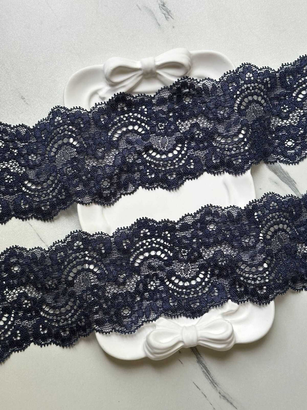 Deep Navy Blue Floral Stretch Elastic Lace Trim Symmetrical Double Scalloped Wide Galloon Ribbon for Lingerie Underwear Crafts, 2.35"