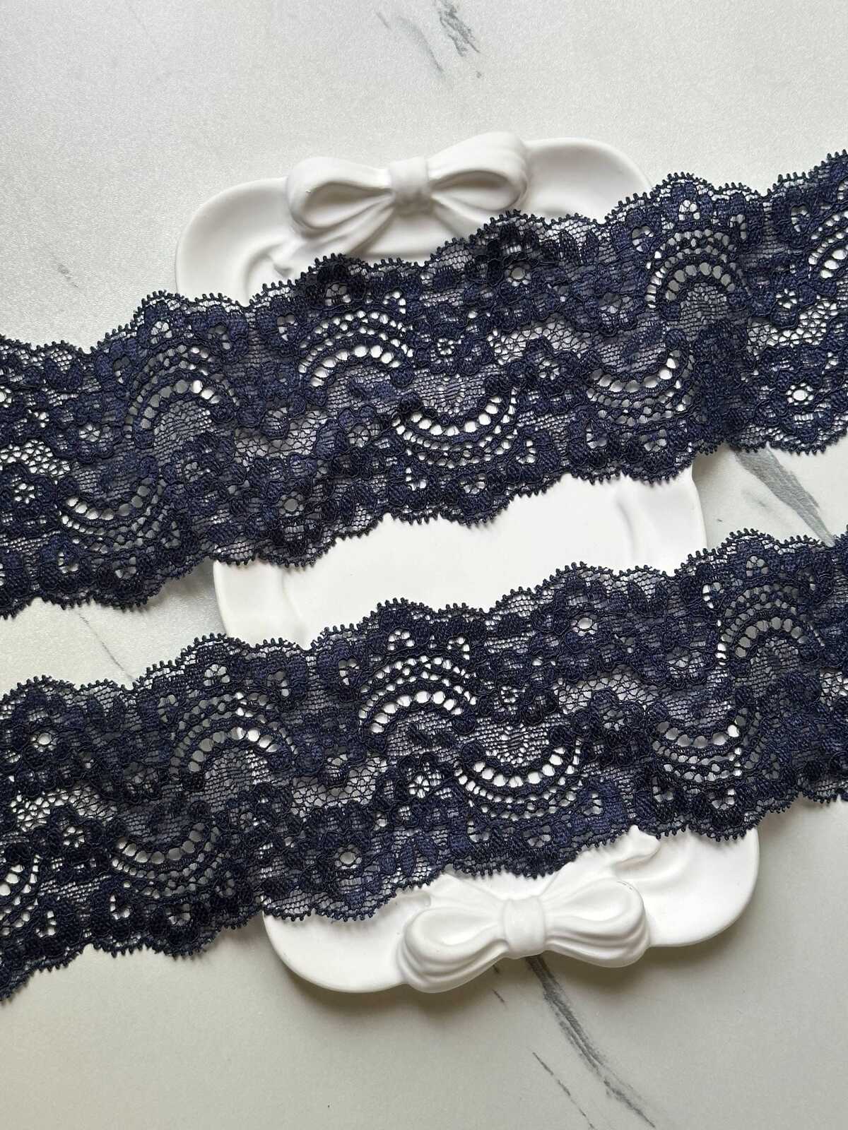 Deep Navy Blue Floral Stretch Elastic Lace Trim Symmetrical Double Scalloped Wide Galloon Ribbon for Lingerie Underwear Crafts, 2.35"