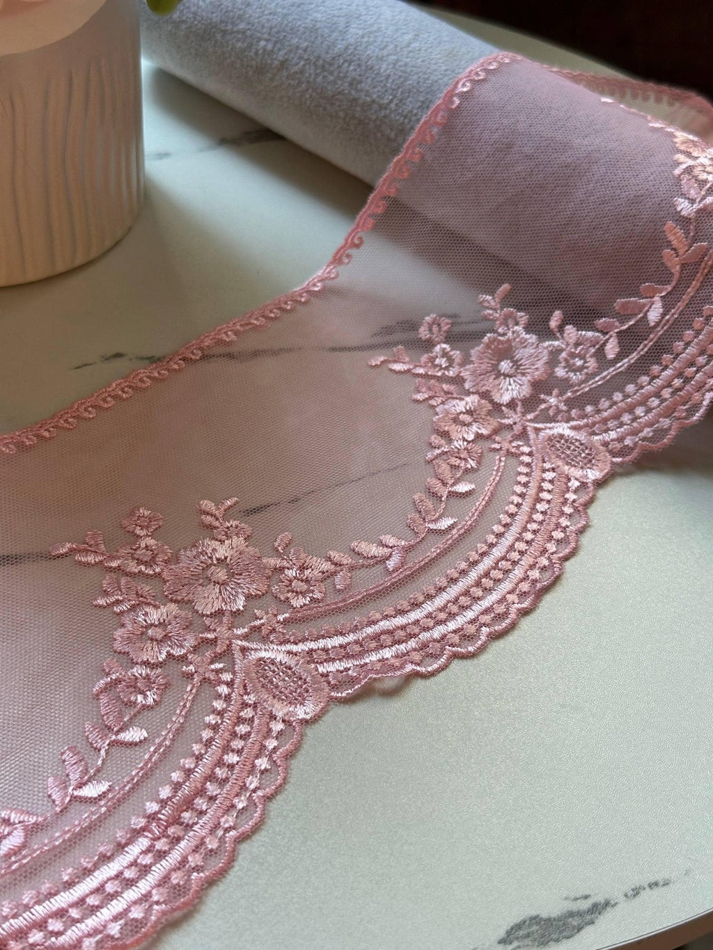Dusty Rose Pink Ultra Soft Embroidered Mesh Lace Trim by Yard, Floral Scalloped Tulle Ribbon, 4.5", Retail Wholesale Bulk