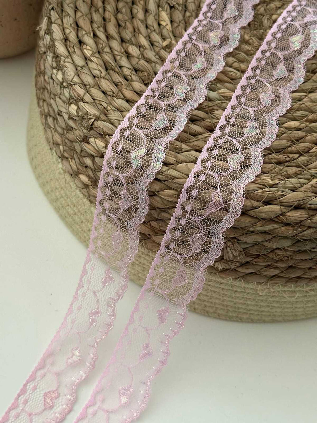 10yds Pink Heart Lace Trim, 1" Non-Stretch Ribbon, Bulk Clearance Coquette Y2K Lace, Garment Trim, DIY Sewing, Retail Wholesale