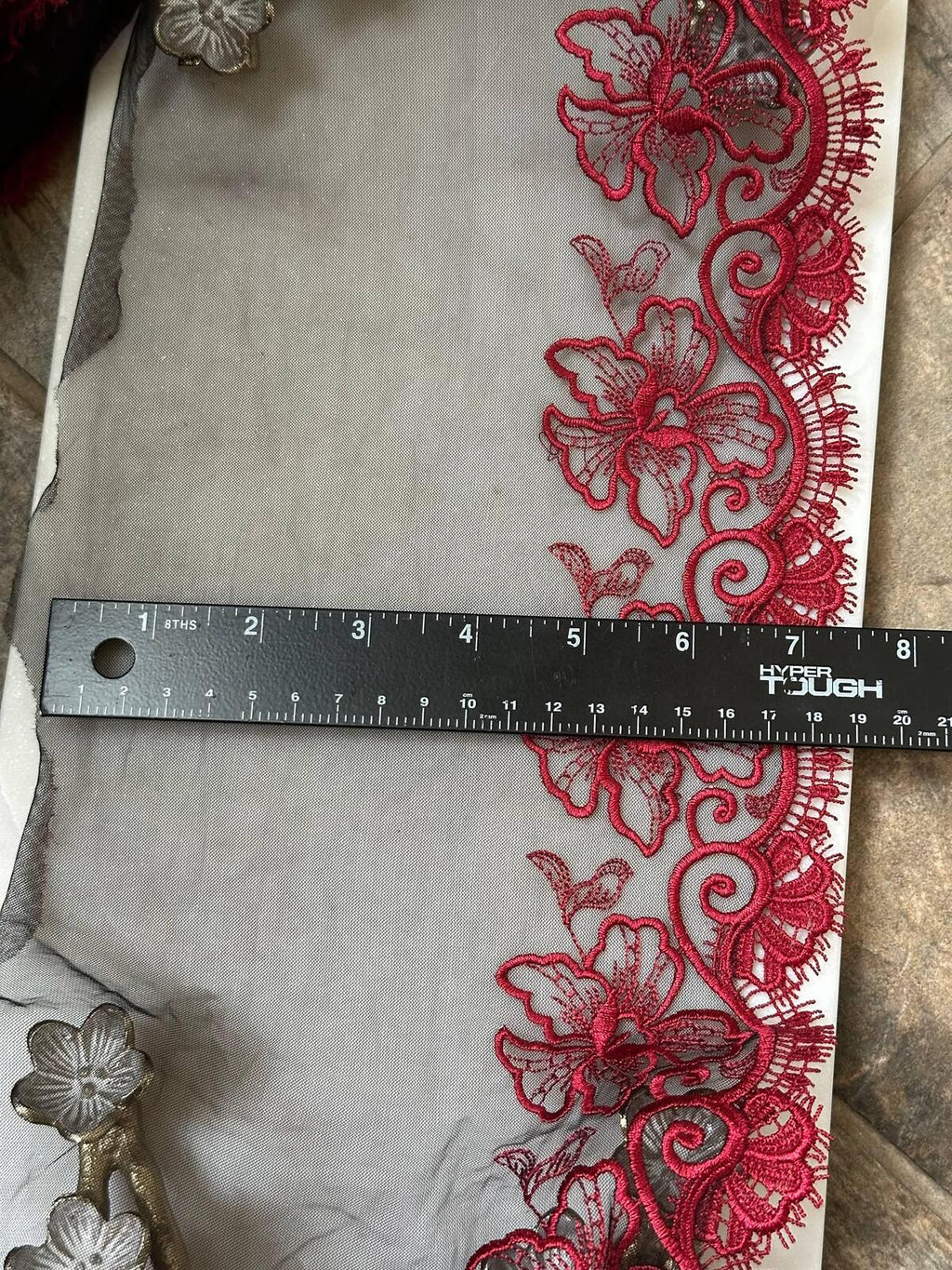 Crimson Red Floral Embroidered Organza Mesh Eyelash Lace Trim, 3" Floral 7" Total Wide Tulle Scalloped Ribbon, Retail Wholesale Bulk