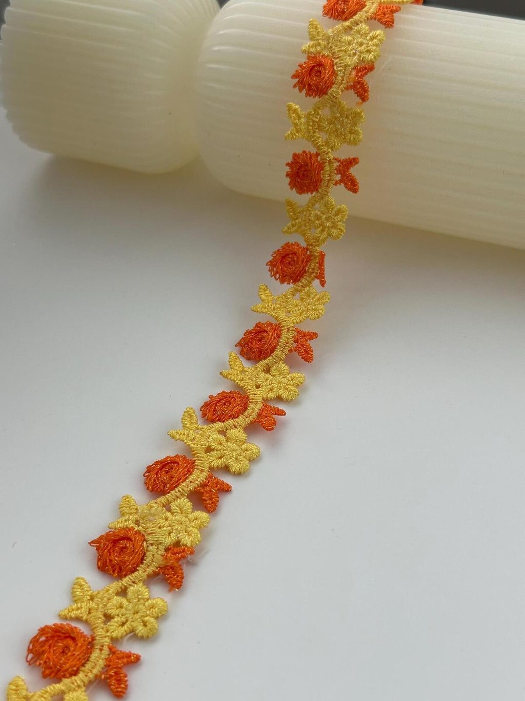 3Yds Non-Stretch 0.8" Yellow Orange 3D Rose Flower Embroidered Lace Wholesale