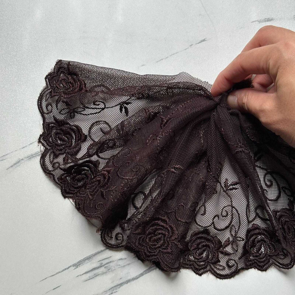 Espresso Brown Rose Embroidered Tulle Mesh Lace Trim by the Yard, Soft Wide Sheer Floral Ribbon for Lingerie Bridal Veil, 6"