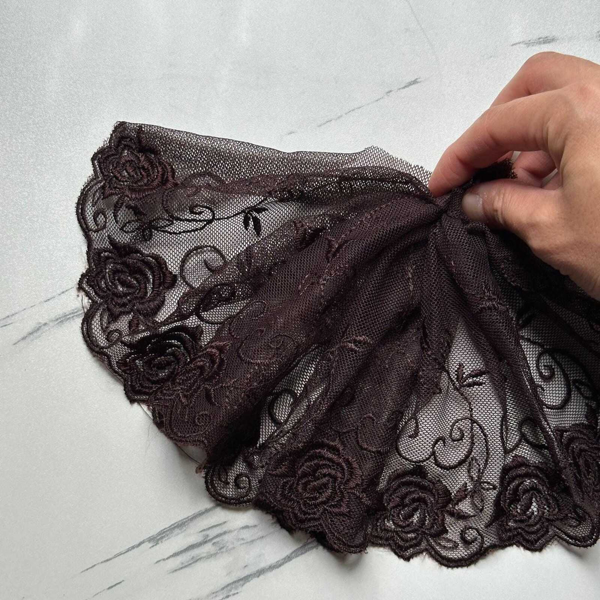 Espresso Brown Rose Embroidered Tulle Mesh Lace Trim by the Yard, Soft Wide Sheer Floral Ribbon for Lingerie Bridal Veil, 6"