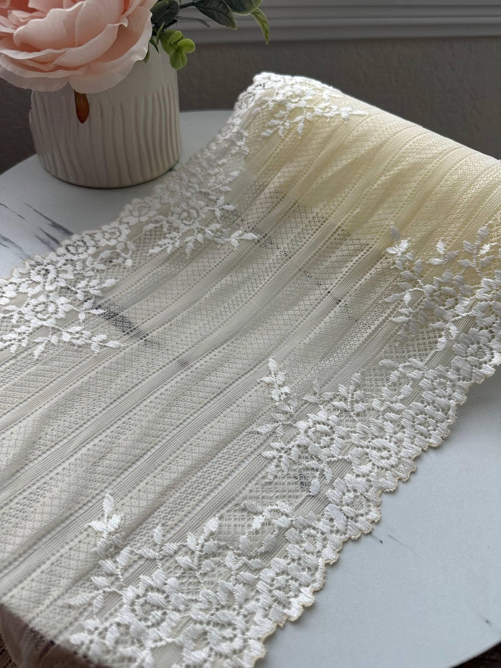 3Yds Stretch 8.7" Two Tone Peach Cream Embossed Wide Stretch Lace Wholesale