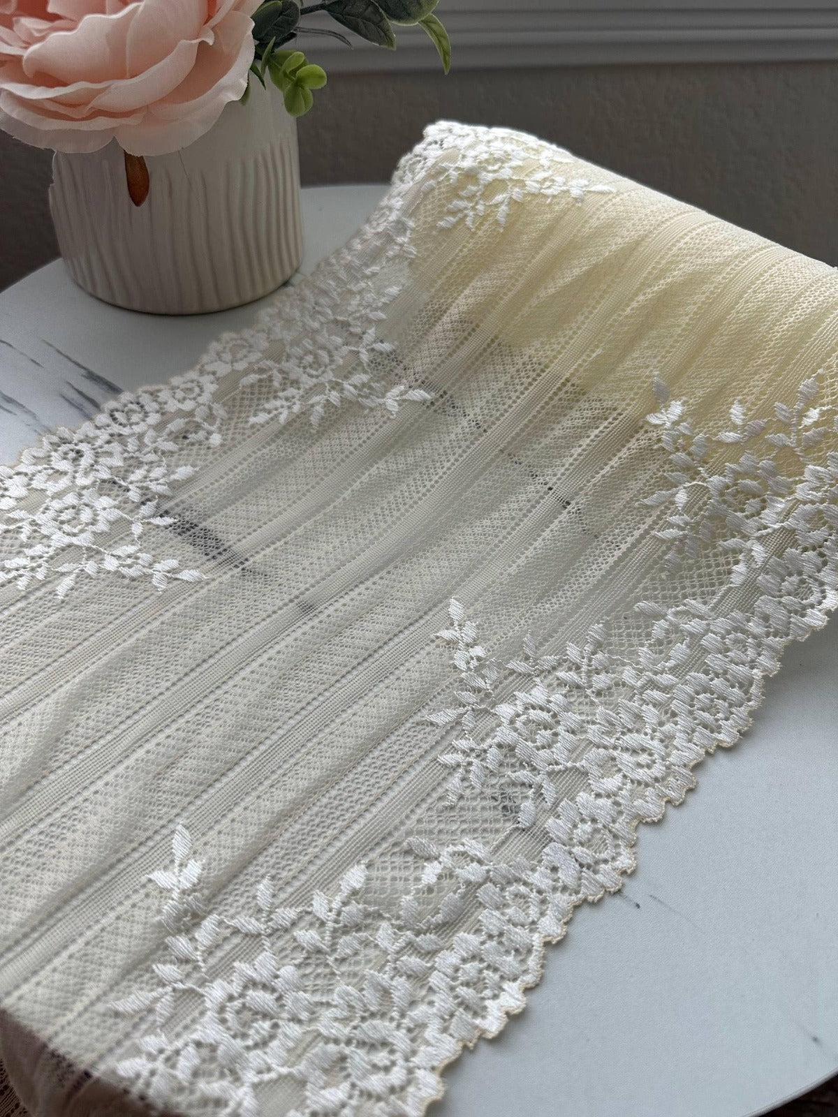 3Yds Stretch 8.7" Two Tone Peach Cream Embossed Wide Stretch Lace Wholesale