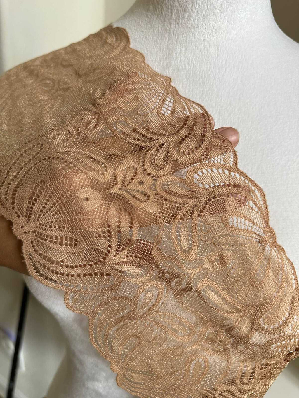 5yds  5" Champagne Gold Stretch Lace Trim Wide Nude Elastic Galloon Scalloped Edge Floral Ribbon for Lingerie Underwear Garment Sewing