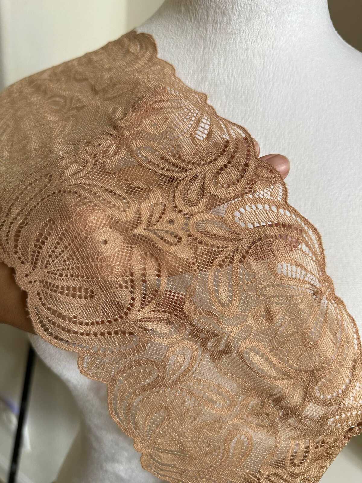 5yds  5" Champagne Gold Stretch Lace Trim Wide Nude Elastic Galloon Scalloped Edge Floral Ribbon for Lingerie Underwear Garment Sewing