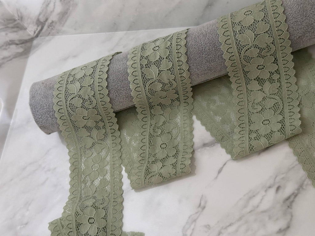 10yds 2.25" sage  Green Stretch Lace Trim Sage Floral Elastic Galloon Scalloped Edge Ribbon for Lingerie Underwear Doll Clothes Sewing