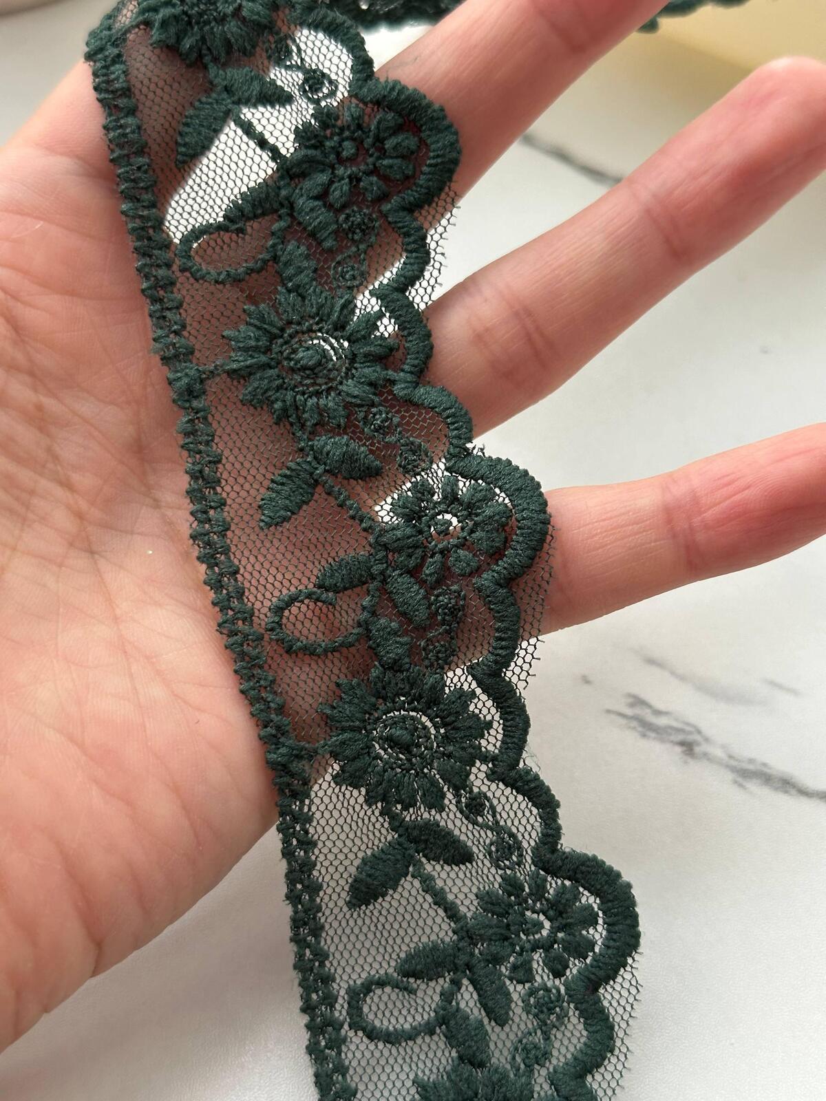 6Yds Non-Stretch 1.5" Dark Forest Green Cotton Embroidered Mesh Lace Trim