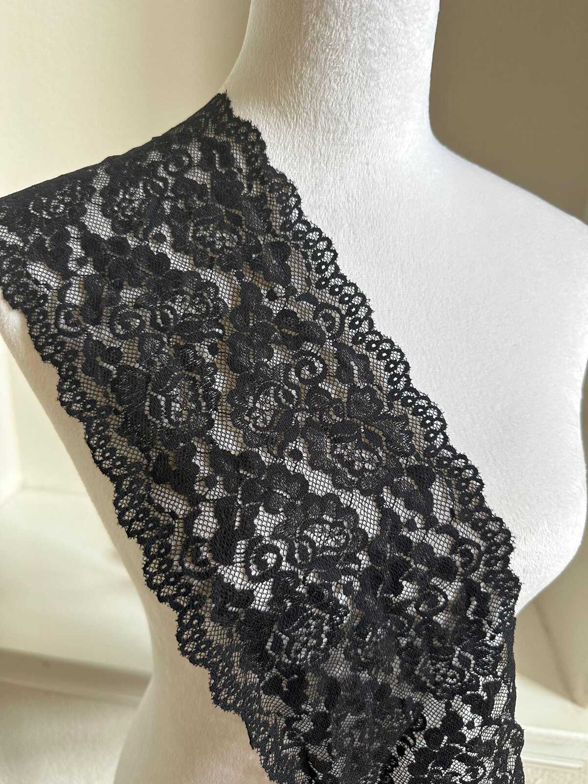 6 Inches Wide Black Elastic Lace Ribbon, Soft Floral Stretch Lace Trim for Lingerie Sewing, Costume Paneling, Bows, Crafts by the Yard