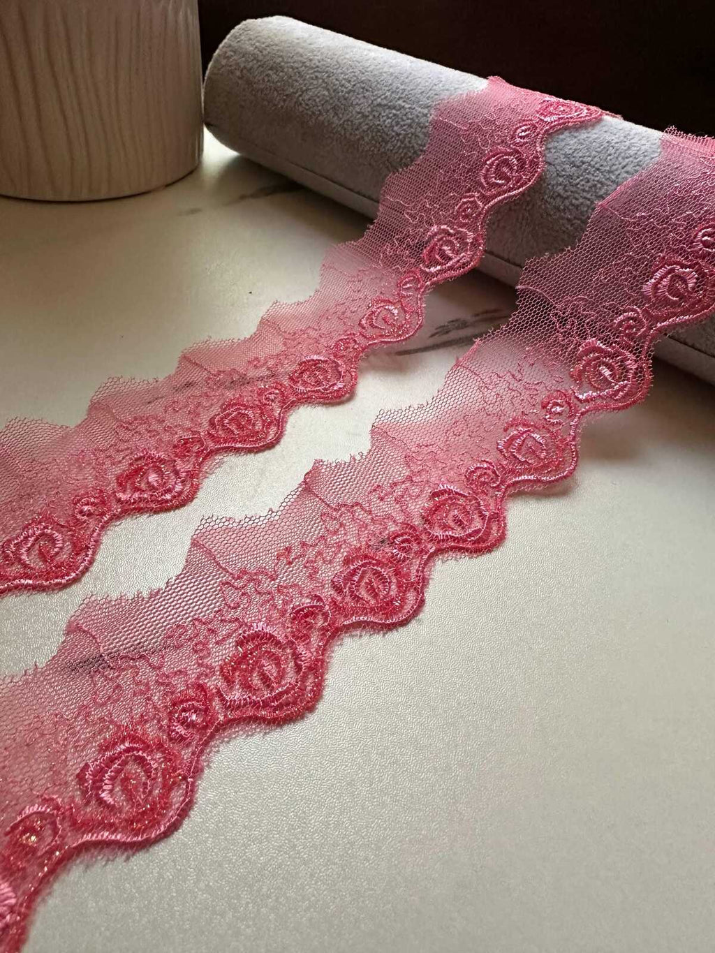 10yds Glitter Pink Rose Embroidered Mesh Organza Lace Trim by the Yard, Narrow Shimmer Metallic Ribbon for Craft Junk Journal, 1"